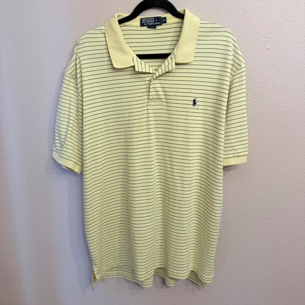 Polo Ralph Lauren Mens XL Yellow Navy Striped Short Sleeve Cotton Polo Shirt
